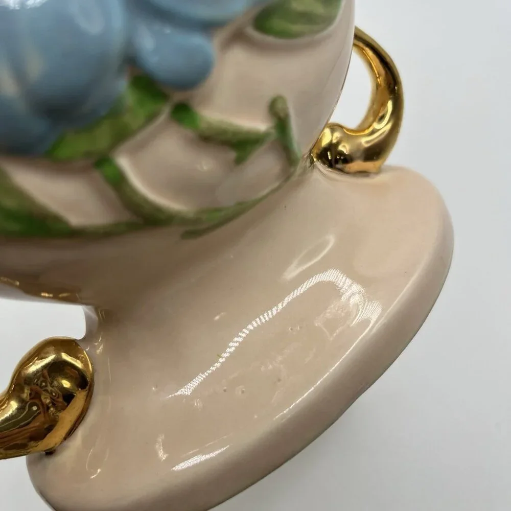 Vintage Hull Pottery Vase USA Art Baby Pink Gold Handles Blue Floral Mid Century